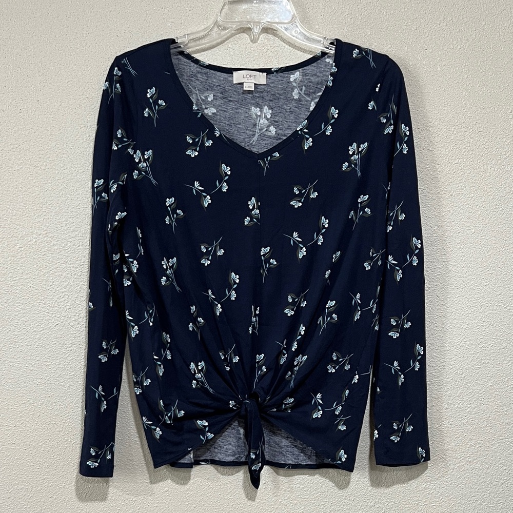 LOFT Dark Blue Floral Knot Front Blouse